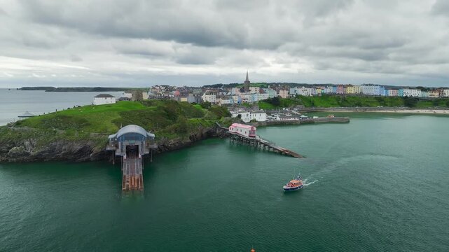 RNLI Tenby Lifeboat Station from a drone, Tenby, Pembrokeshire, Wales, England, United Kingdom