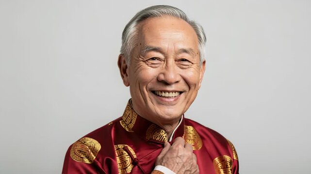 Smiling Elderly Man in Traditional Attire: An elderly Asian man with a warm, genuine smile wears a vibrant red traditional garment adorned with intricate gold patterns.