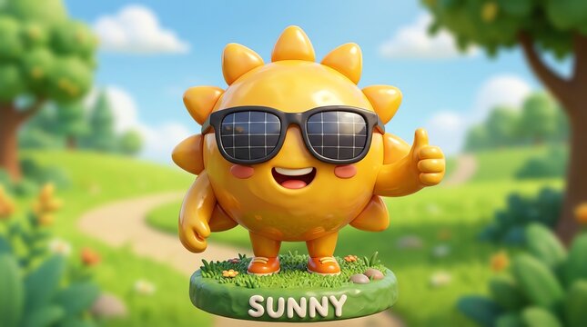 Cartoon sun character wearing sunglasses on green base