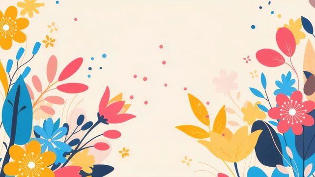 Colorful Spring Bloom: A vibrant and cheerful illustration showcasing a variety of stylized flowers and leaves in a lively palette of yellow, pink, blue, and orange.