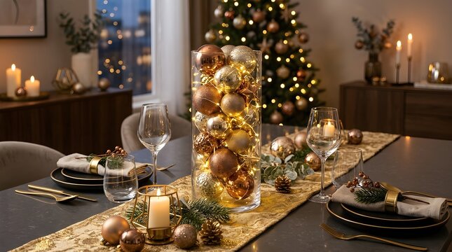 Luxurious Christmas dinner table setting with golden decorations and Christmas tree in the background
