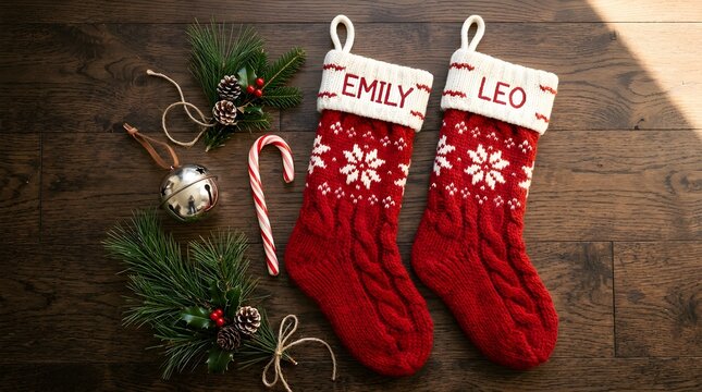 Personalized Christmas stockings with names Emily and Leo on wooden floor with festive decorations
