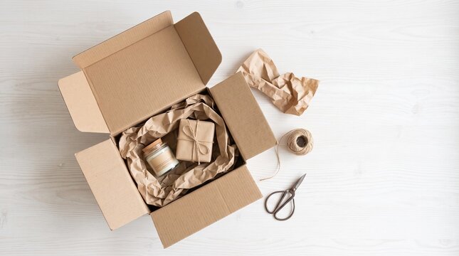 Unboxing a cardboard package with a candle and gift wrapped item, surrounded by packing paper, twine, and scissors on a white wooden table