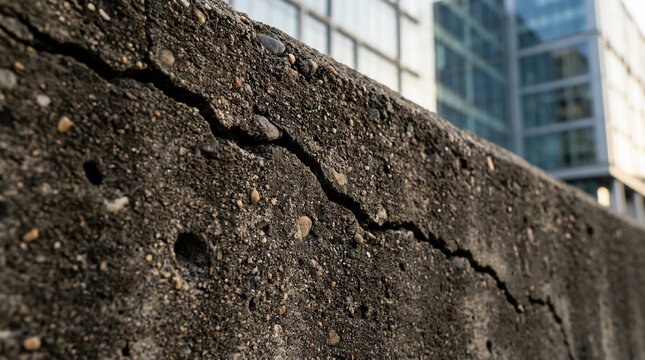 A close-up of a cracked concrete wall with buildings blurred in the background.