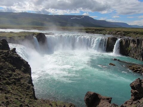 Water masses of Godafoss plunge into the depths, deserted, Iceland