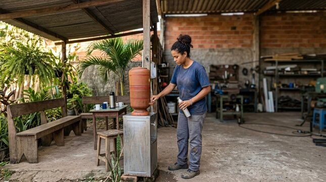 Young woman filling water bottle from traditional clay water filter in rustic workshop setting