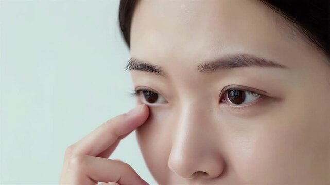 Japanese Woman Experiencing Eye Fatigue After Computer Work, Tired Eyes and Digital Eye Strain, Close Up, Copy space on the left, 4K, Seamless loop