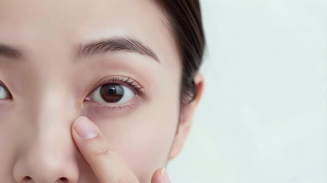 Japanese Woman with Dark Circles Under Eye Checking Skin, Eye Fatigue and Beauty Concern, Extreme Close Up, 4K, Seamless loop, Copy space on the right