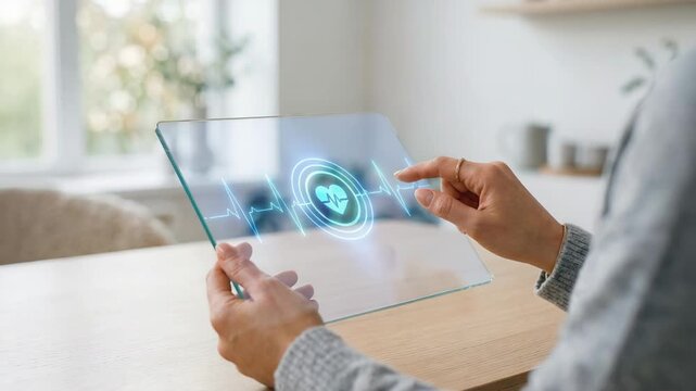 Woman using transparent tablet to monitor digital healthcare data. Heart rate pulse displayed on glass screen. Future medical technology for diagnostics and analysis