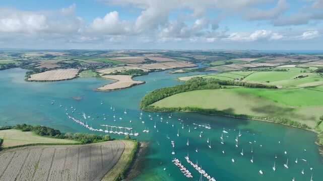 Salcombe and Mill Bay over Kingsbridge Estuary from a drone, Batson Creek, Southpool Creek, Devon, England, United Kingdom