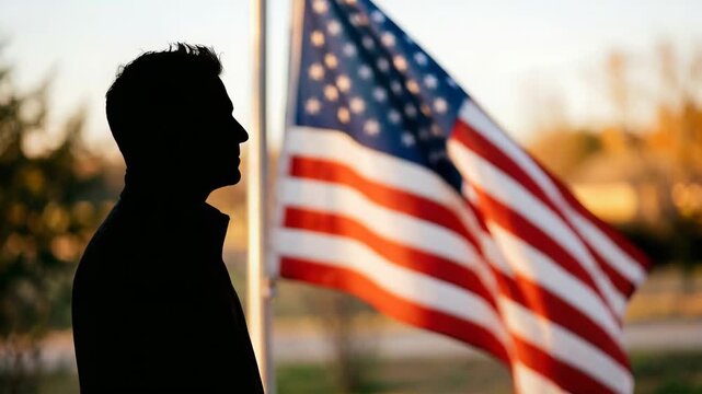Silhouette of man praying near waving American flag at sunset. Patriotic concept of citizen showing respect and loyalty to nation. National pride and election