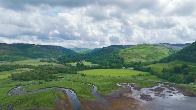 Loch Feochan and Feochan Bheag River from a drone, Feochan Glen, Oban, Argyll and Bute, West Highlands, Scotland, UK