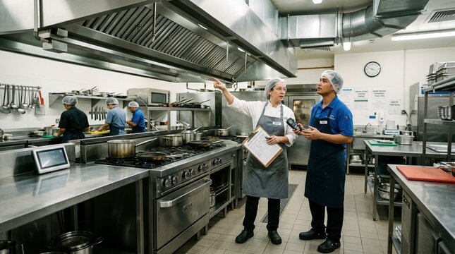 Professional chefs in a commercial kitchen discussing operations and food safety protocols
