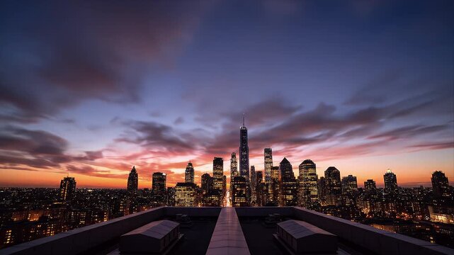 Dynamic Urban Skyline Sunset to Night Transition