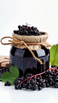 Elderberry Jam Jar: A rustic jar filled with dark, glistening elderberry jam, tied with twine and surrounded by fresh elderberries and leaves, suggesting homemade goodness and natural sweetness.