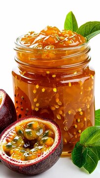 Exotic Passion Fruit Jam: A glistening jar of homemade passion fruit jam, brimming with tangy seeds and pulp, sits beside a halved ripe passion fruit and fresh green leaves.
