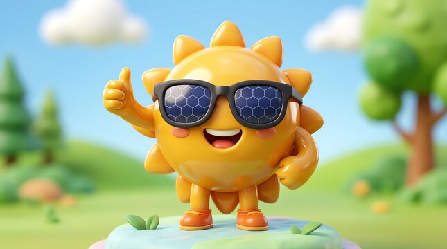 Smiling sun character with sunglasses giving thumbs up