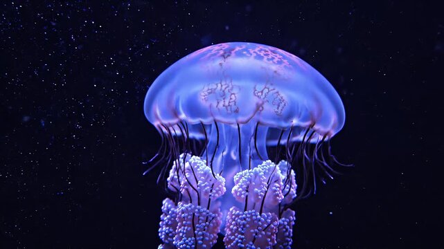 Mesmerizing blue and purple jellyfish glowing in the deep ocean
