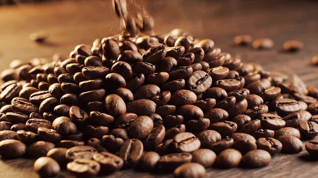 Roasted Coffee Beans Pouring onto a Rustic Wooden Surface