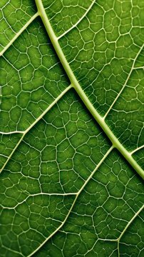 Macro View of a Green Leaf Vein System: A detailed close-up reveals the intricate network of veins and cell structure within a vibrant green leaf, showcasing the delicate beauty of nature's design.