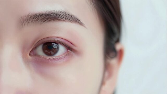 Japanese Woman with Mild Red Eye and Eye Strain, Eye Care and Fatigue Concept, Extreme Close Up, Copy space on the right, 4K, Seamless loop