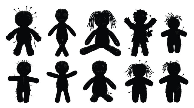 Voodoo dolls silhouetted in a dark collection of handmade fabric figures with sharp sewing pins