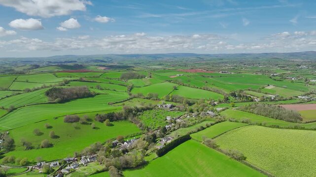 Fields and Farmlands at spring from a drone, Devon, England, United Kingdom
