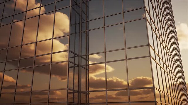 Modern Glass Skyscraper Reflecting Golden Sunset Clouds