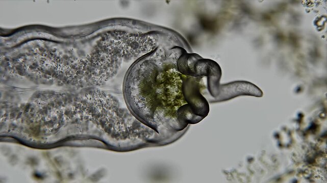 Microscopic View of a Rotifer Organism Feeding on Algae