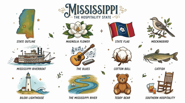 Mississippi state symbols and icons vector set featuring the Magnolia flower, state outline, riverboat, blues guitar, mockingbird, cotton boll, and catfish in a hand-drawn illustration style