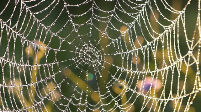 Close-up of a Delicate Spiderweb Covered in Morning Dew Drops