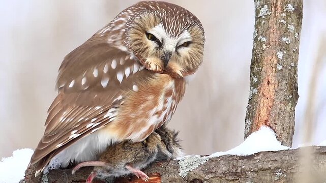 Northern Saw-whet Owl (Aegolius acadicus), Owl perched with a prey and watching, Close-up, Central Quebec region, Province of Quebec, Canada