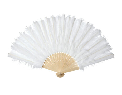 White feather fan accessory with wooden handle held for elegant dance performance or costume decoration&nbsp;