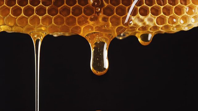 Golden Honey Drips from Honeycomb Against Black Background