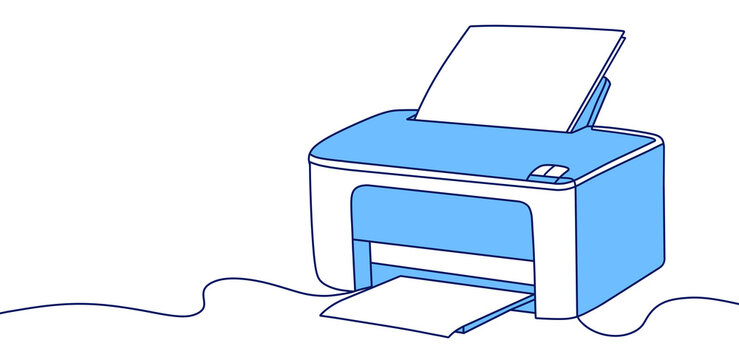 A line art illustration featuring a printer and paper, symbolizing office concepts and work related printing needs. blue color design