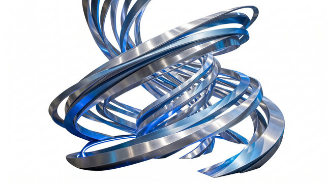 Metallic spiral bands forming dynamic 3d geometric structure with reflective surfaces and gradient lighting