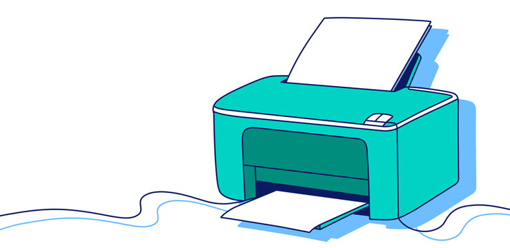 A line art cartoon illustration featuring a printer and paper, symbolizing office concepts and work related printing needs