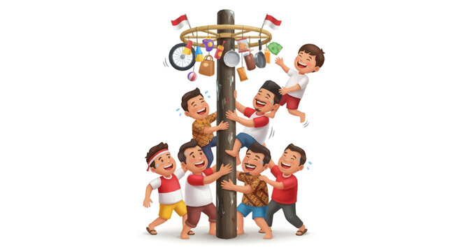 Boys cooperate to climb a greasy pole during the traditional Indonesian Panjat Pinang game on Independence Day.