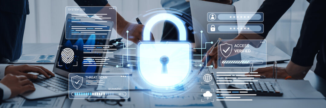 Professionals engage in cybersecurity discussions with digital indicators of data protection and access verification displayed prominently in a modern office setting. Nascent