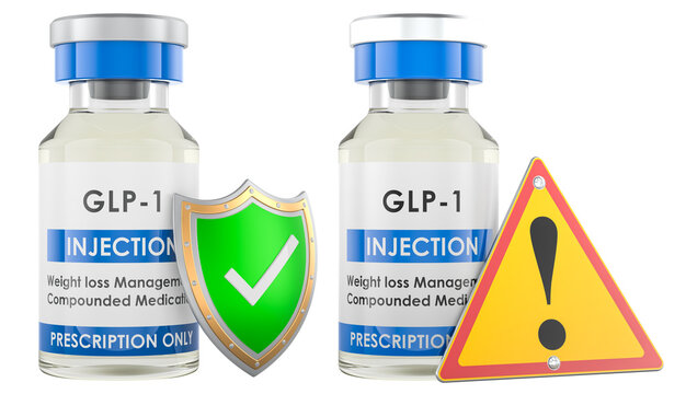 GLP-1 injection vials with safety shield and warning sign for weight loss medication risk, fake and prescription treatment concept, 3d rendering