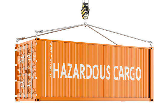 Hazardous Cargo shipping container lifted by crane for dangerous goods transport. 3D rendering
