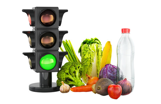 Healthy food choice with traffic light, vegetables, fruits and water. 3D rendering