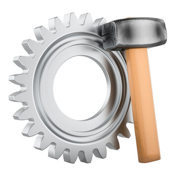 Gear with hammer. Repair and equipment maintenance, concept. 3D rendering