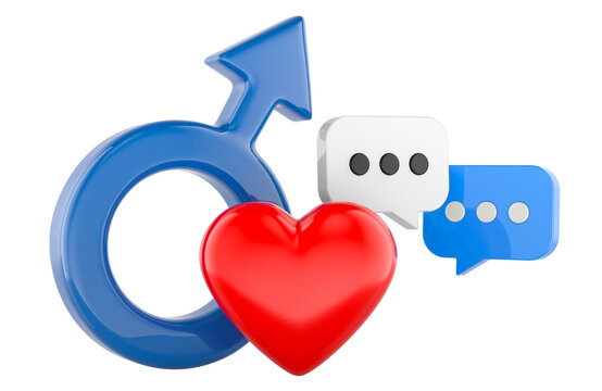 Male love and relationship communication concept with heart and chat bubbles. 3D rendering
