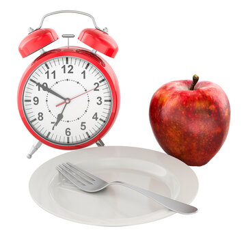 Intermittent fasting concept with alarm clock, empty plate and apple. 3D rendering