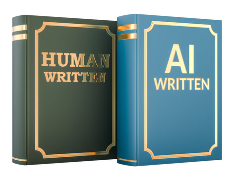 Human written and AI written books comparing authorship and generated content. 3D rendering