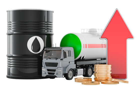 Oil price increase with tanker truck, barrel, coins and rising arrow. 3D rendering
