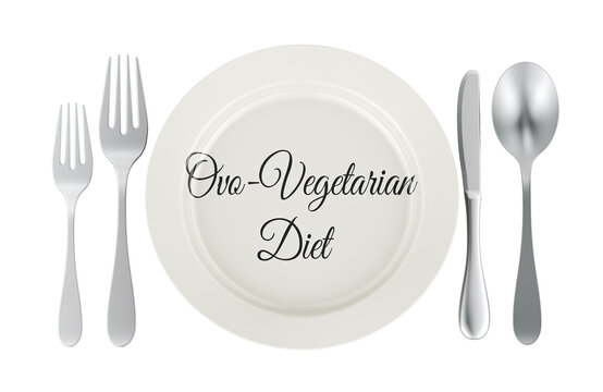 Ovo vegetarian diet concept with empty plate and cutlery. 3D rendering