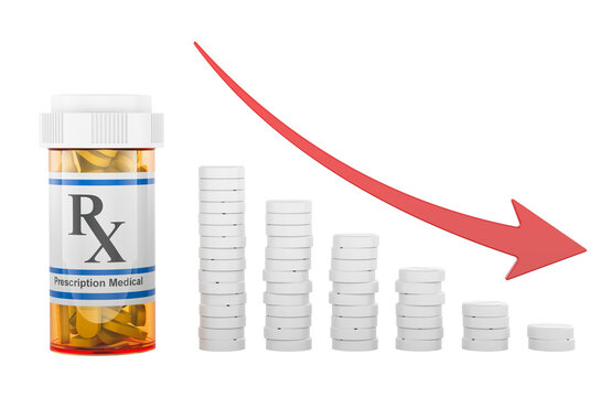 Prescription medication tapering with decreasing pill dosage and down arrow. 3D rendering