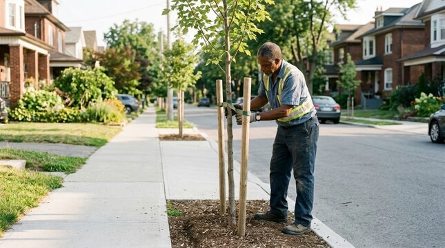 Gardener securing a young tree to stakes on a suburban street sidewalk